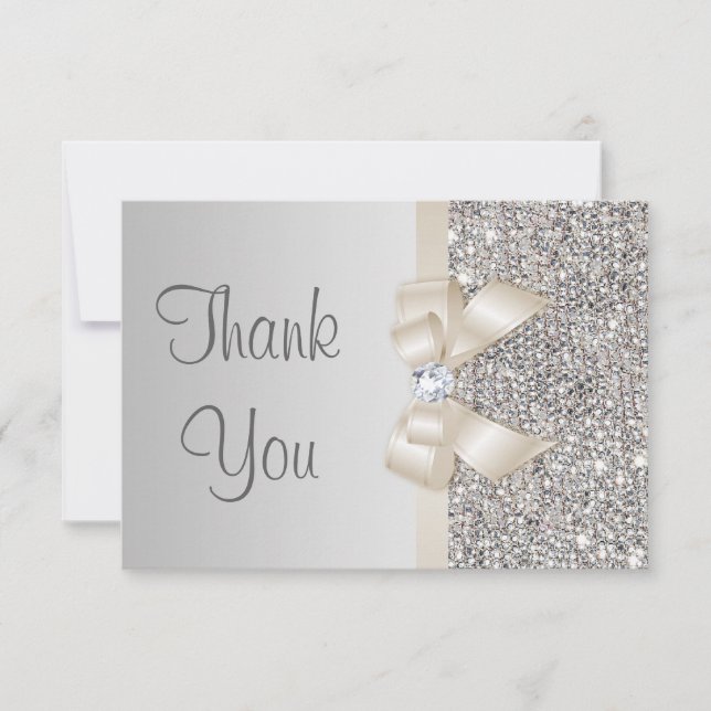 Light Champagne Bow Silver Sequins Thank You Card (Front)