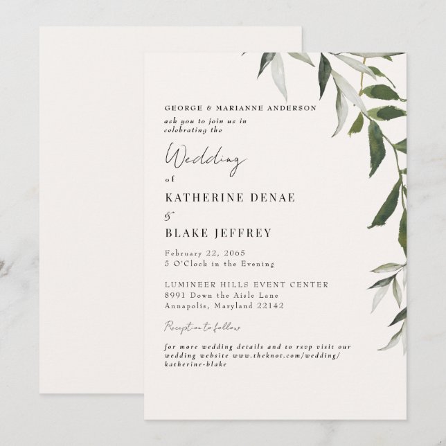 Light Champagne Greenery Website Wedding Invitation (Front/Back)