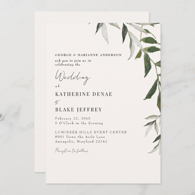 Light Champagne Greenery Wedding Invitation (Front/Back)