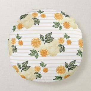 Light Citrus Oranges Fruit and Stripes  Round Cushion