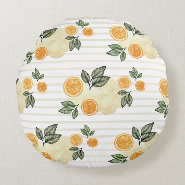 Light Citrus Oranges Fruit and Stripes  Round Cushion (Front)