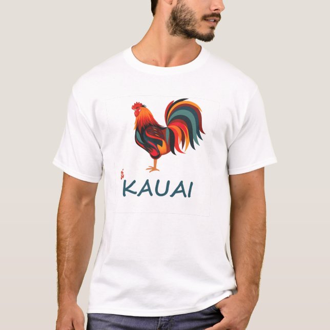 Light coloured Hawaiian T-shirt Kauai Wild Rooster (Front)