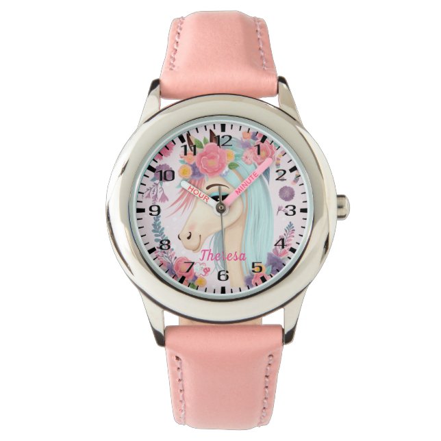 Light Coloured Teal Hair Unicorn with Flowers      Watch (Front)