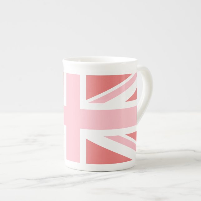 Light Coral and Pink Union Jack Bone China Mug (Front Right)