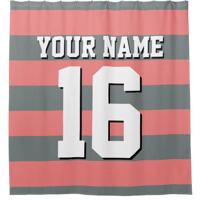 Light Coral Charcoal Sports Jersey Preppy Stripe Shower Curtain (Front)