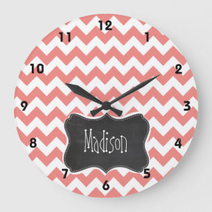 Light Coral Chevron Stripes; Chalkboard look Large Clock