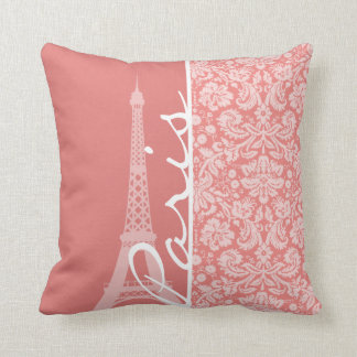Light Coral Damask; Paris; Eiffel Tower Cushion