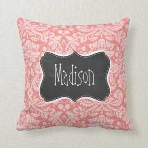 Light Coral Damask; Vintage Chalkboard look Cushion