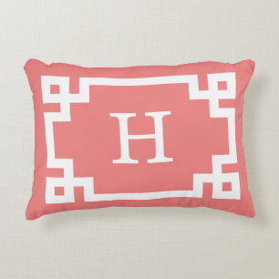 Light Coral Greek Key Frame #2 Initial Monogram Decorative Cushion