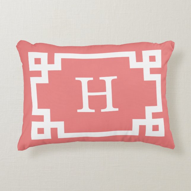 Light Coral Greek Key Frame #2 Initial Monogram Decorative Cushion (Front)