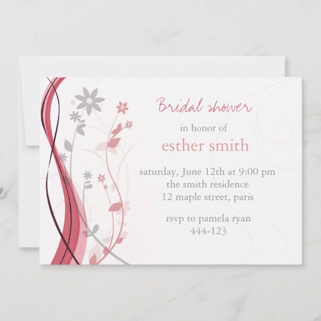 Light coral & grey floral charm invitation (Front)