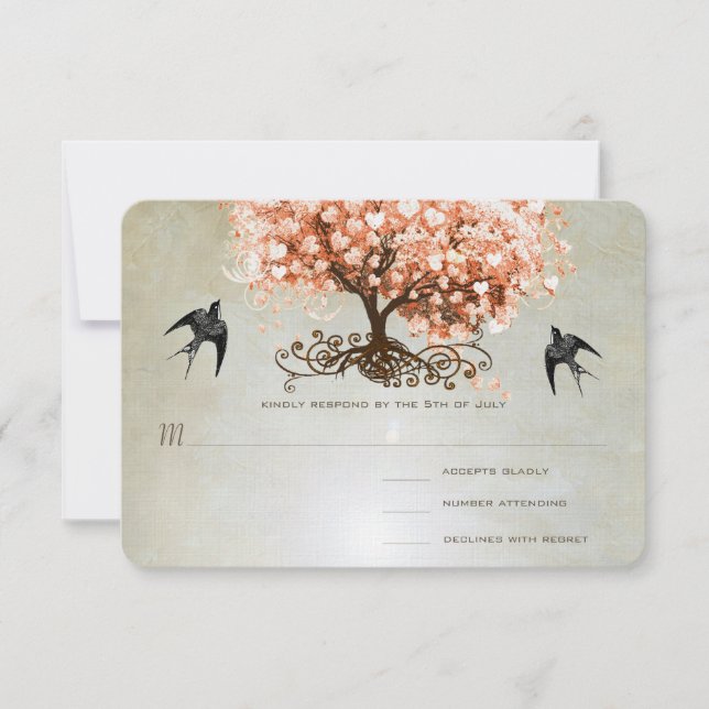 Light Coral Heart Leaf Tree Wedding Invites (Front)