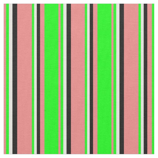 Light Coral, Lime, Beige & Black Coloured Stripes Fabric (Close Up)