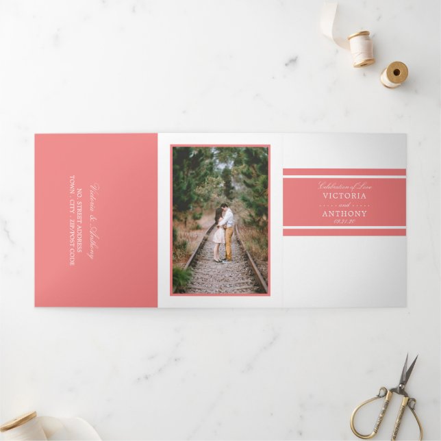 Light Coral Modern Wedding Suite Tri-Fold Invitation (Outside)