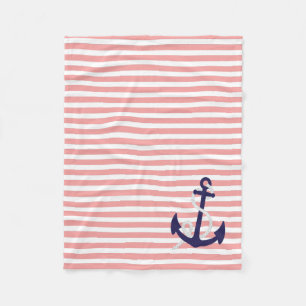Light Coral Nautical Stripes with Navy Blue Anchor Fleece Blanket