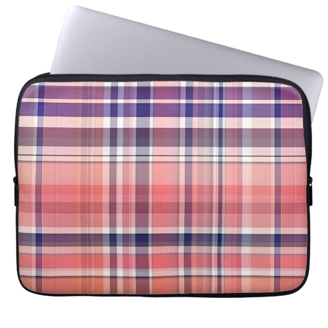 Light Coral, Navy Blue, White Preppy Madras Plaid Laptop Sleeve (Front)
