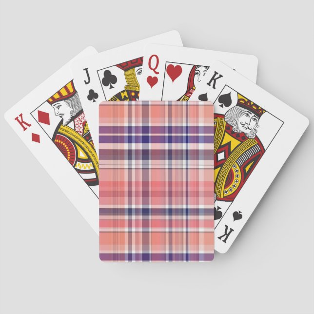 Light Coral, Navy Blue, White Preppy Madras Plaid Playing Cards (Back)
