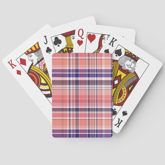 Light Coral, Navy Blue, White Preppy Madras Plaid Playing Cards (Back)
