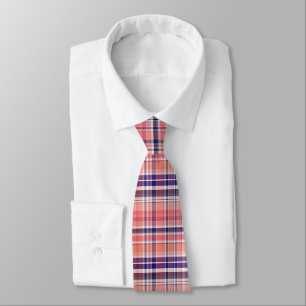 Light Coral, Navy Blue, White Preppy Madras Plaid Tie