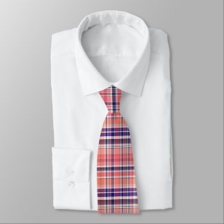 Light Coral, Navy Blue, White Preppy Madras Plaid Tie