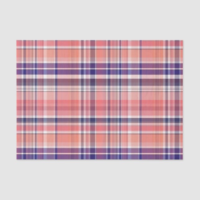 Light Coral, Navy Blue, White Preppy Madras Plaid Tissue Paper (Front)