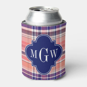 Light Coral Navy Wht Preppy Madras Monogram Can Cooler