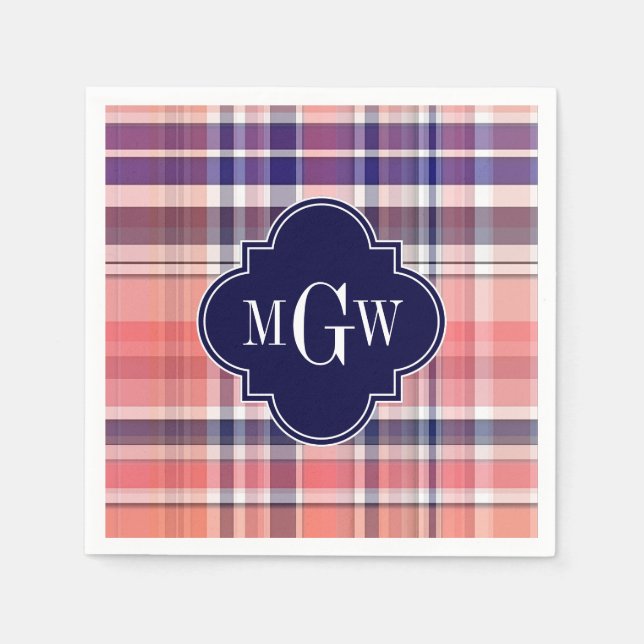 Light Coral Navy Wht Preppy Madras Monogram Napkin (Front)