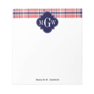 Light Coral Navy Wht Preppy Madras Monogram Notepad