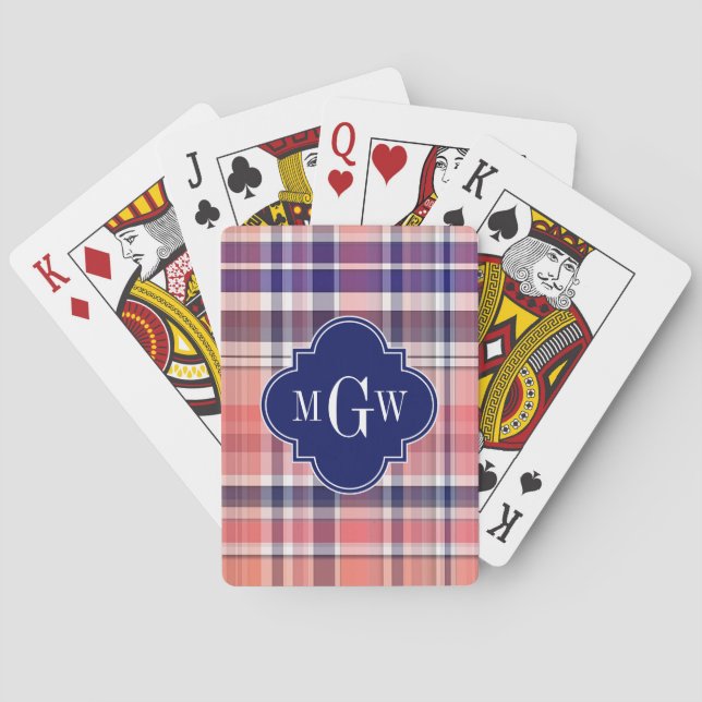 Light Coral Navy Wht Preppy Madras Monogram Playing Cards (Back)