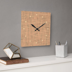 Light Coral Orange Colour Faux Jute Fabric Pattern Square Wall Clock