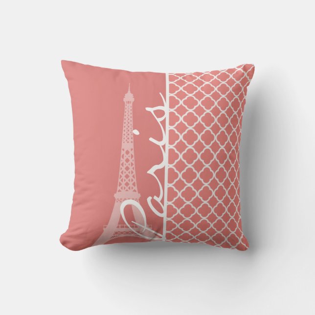 Light Coral Pink Moroccan Quatrefoil Paris Cushion (Front)