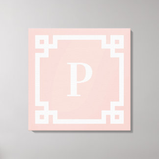 Light Coral Pink White Greek Key Border Monogram Canvas Print