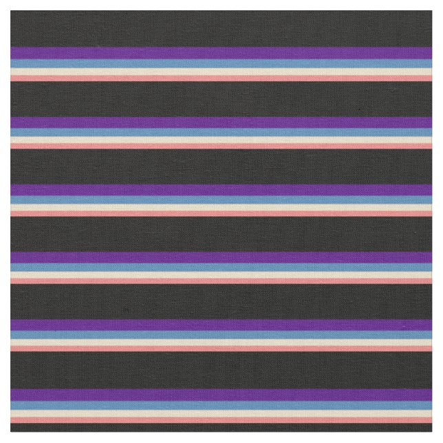 Light Coral, Tan, Blue, Indigo & Black Stripes Fabric (Close Up)