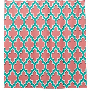 Light Coral Teal White XL Moroccan #4DS Shower Curtain