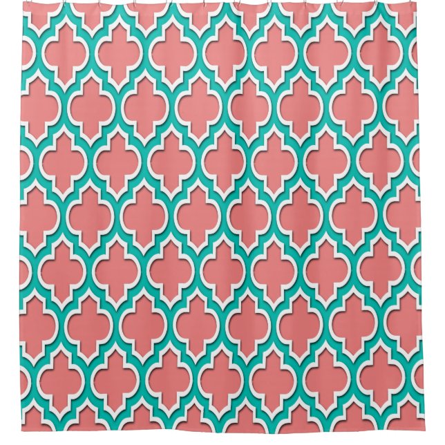 Light Coral Teal White XL Moroccan #4DS Shower Curtain (Front)