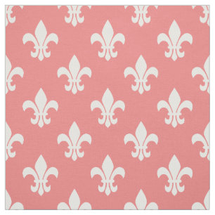 LIght Coral, White Fleur De Lis Pattern Fabric