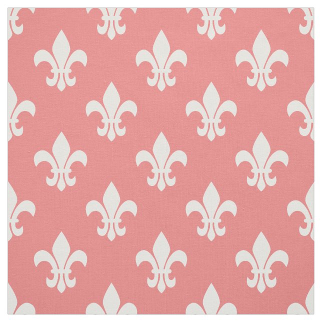 LIght Coral, White Fleur De Lis Pattern Fabric (Swatch)