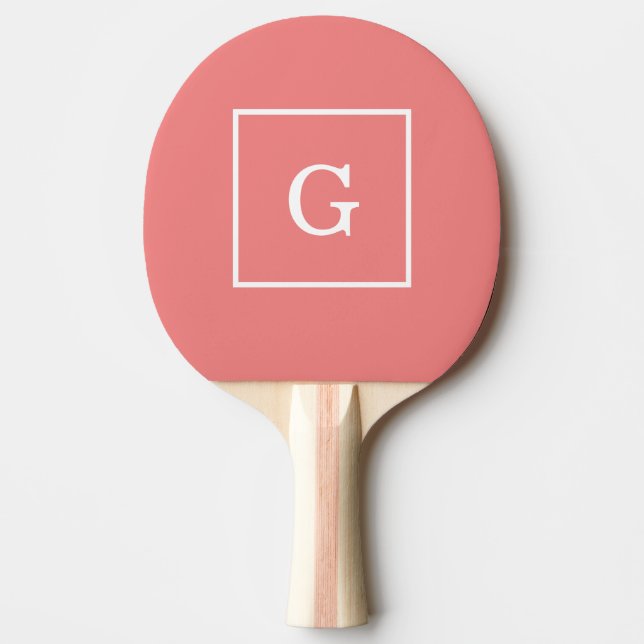 Light Coral White Framed Initial Monogram Ping Pong Paddle (Front)