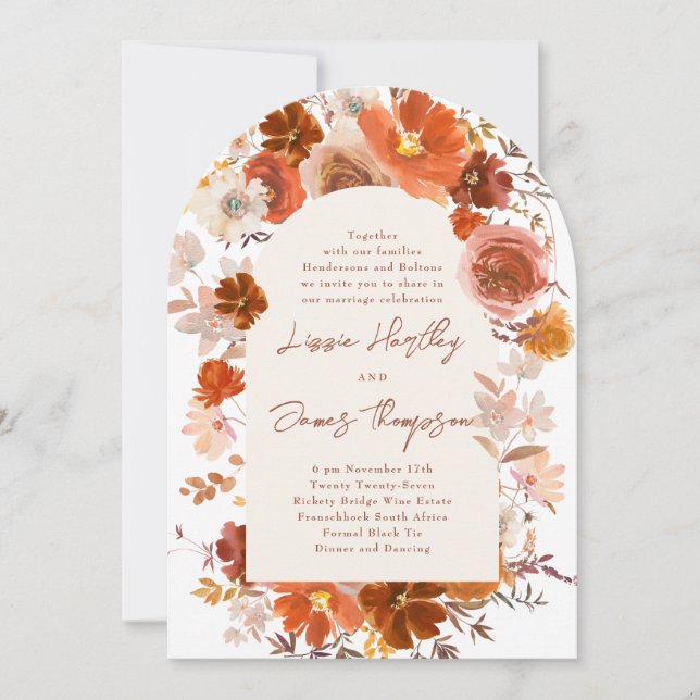 Light Cream Burnt Orange Floral Arch Wedding Invitation (Front)