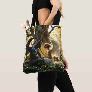 Light dark angel demon forbidden love art tote bag