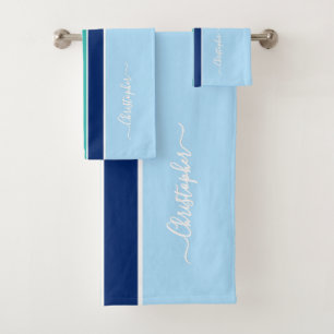 Light Dark Blue White Teal Racing Stripes Monogram Bath Towel Set
