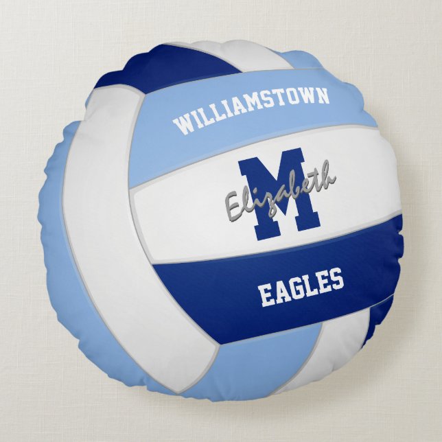 Light dark blue white team colours kids volleyball round cushion (Front)
