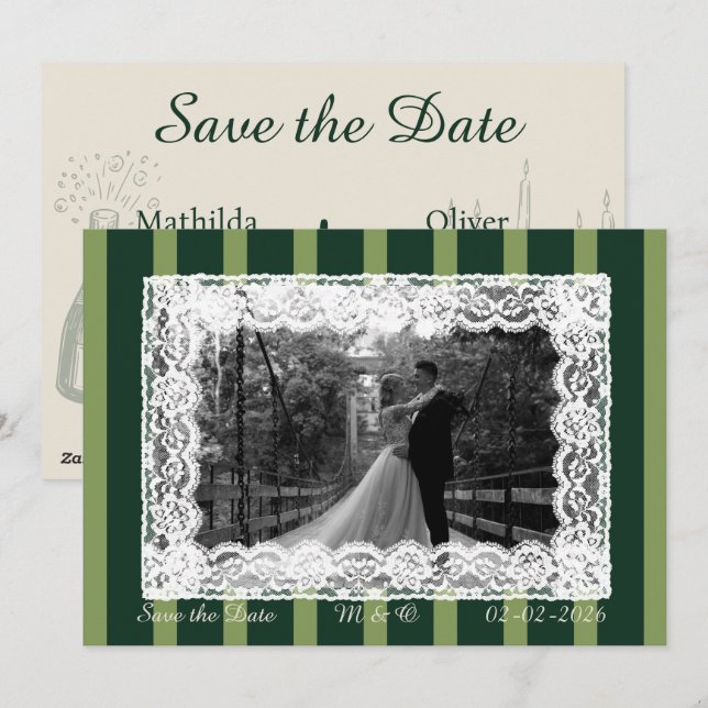Light&Dark Green Vintage Lace Stripe Invitation (Front/Back)
