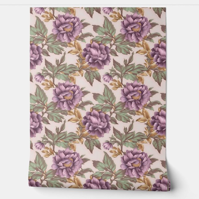 Light deep purple faux gold flowers sage leaves wallpaper (Unrolling)