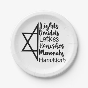 Light Dreidel Latke Kanish Menorah Hanukkah  Paper Plate