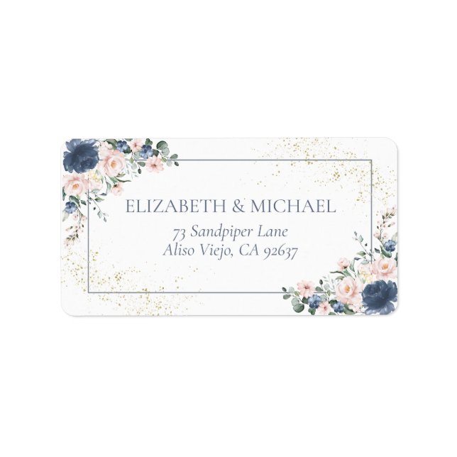 Light Dusty Blue Blush Pink Gold Floral Address Label (Front)