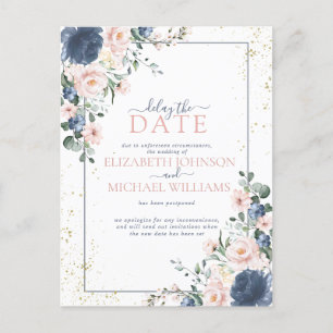 Light Dusty Blue Blush Pink Gold Floral Delay Date Holiday Postcard