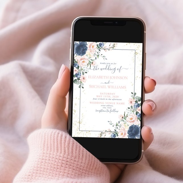 Light Dusty Blue Blush Pink Gold Floral Photo Invitation (Creator Uploaded)