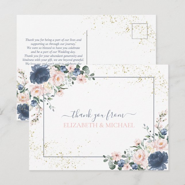 Light Dusty Blue Blush Pink Gold Floral Thank You Postcard (Front/Back)
