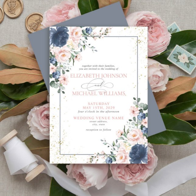 Light Dusty Blue Blush Pink Gold Floral Wedding In Invitation (Creator Uploaded)